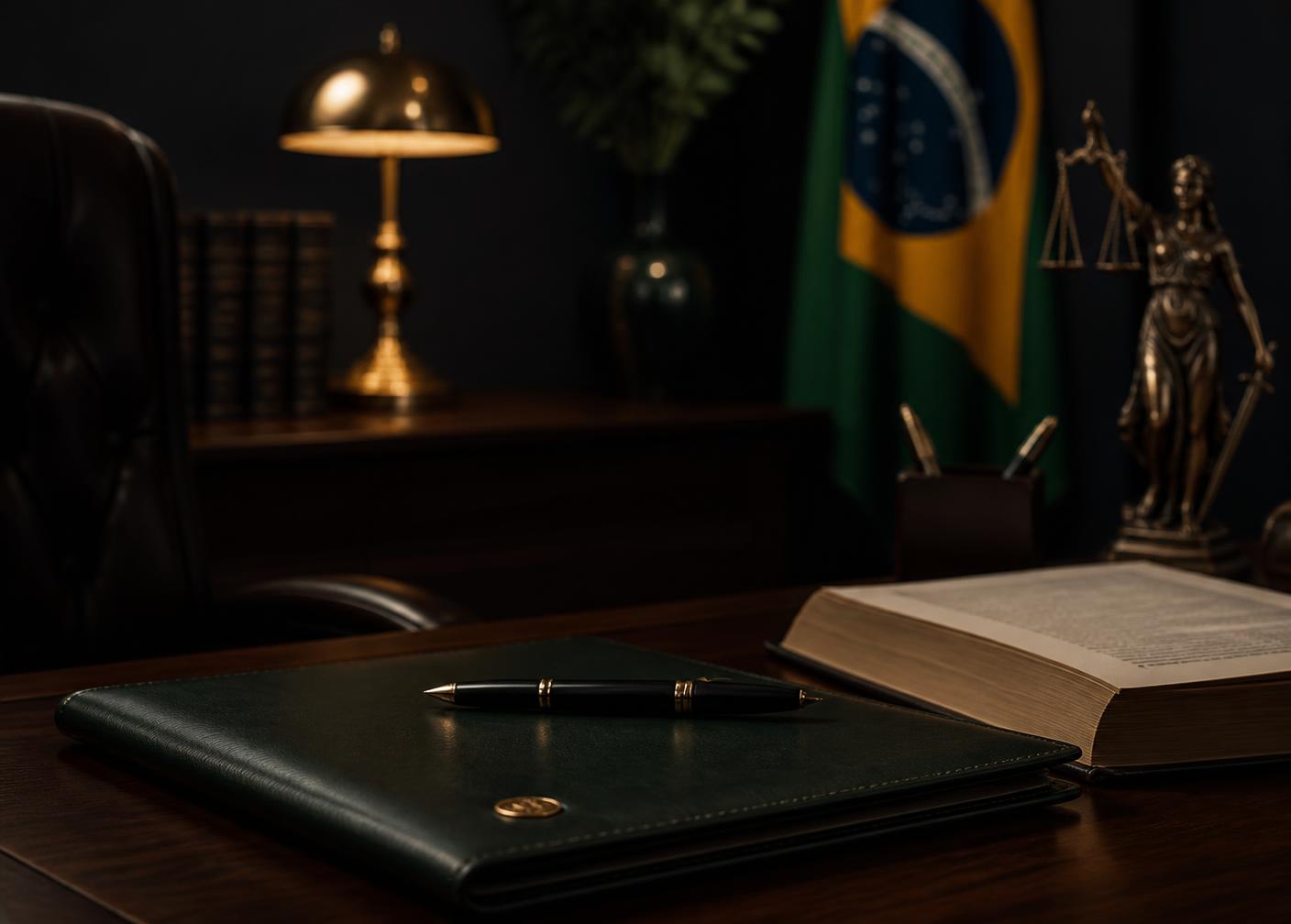 Escritório de advocacia com livros jurídicos, balança da justiça e documentos sobre a mesa